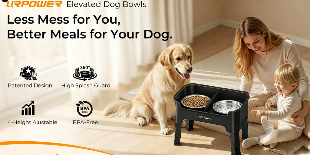 Splash Guard Elevated Dog Bowls with Four Adjustable Heights, Two 53oz Stainless Steel Bowls and Non-Slip Feet for Everyday Food and Water