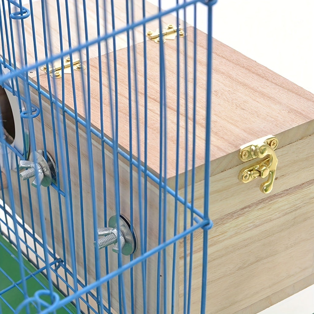 Parakeet Nest Box with Hinged Inspection Lid, Wooden Bird Breeding House with Metal-Rimmed Entrance and Perch, Compact Wood Color Cage Accessory