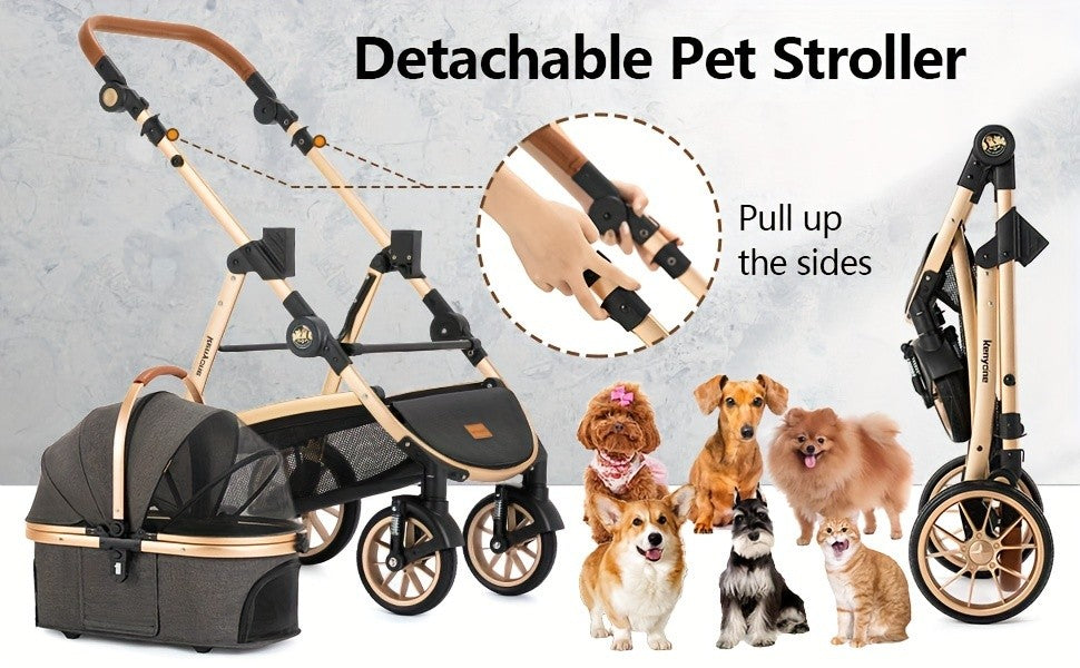Dog Stroller with Detachable Carrier, Foldable Aluminum Pet Pushchair with No-Zip Entry, Rubber Wheels and Washable Liner for Small Dogs and Cats