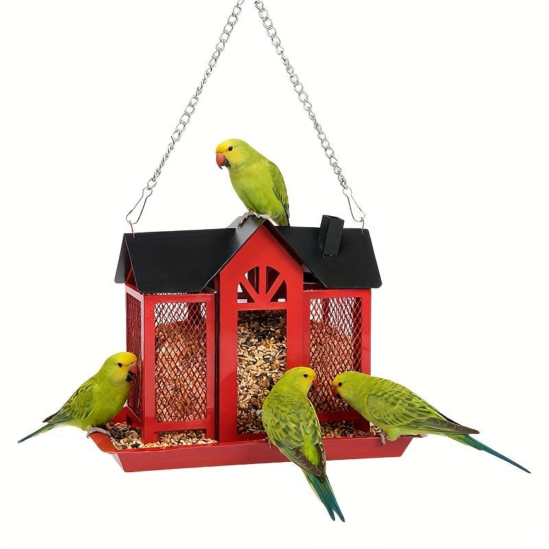 Metal Mesh Wild Bird Feeder with Triple Feeding Areas, Large Capacity Backyard Feeding Station with Black Roof and White or Red Wall Options