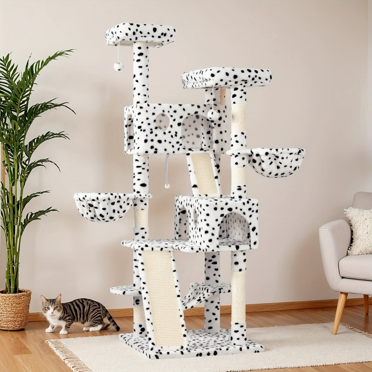 65 Inch Cat Tree Tower for Indoor Cats, Multi-Level Plush Cat Condo with Basket Beds, Hammock, Sisal Scratching Posts and Wide Base, Six Color Options