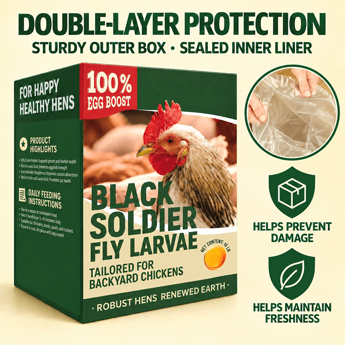 Black Soldier Fly Larvae for Chickens, Dried Insect Treats with 43% Protein and 6% Calcium for Backyard Hens, Ducks and Quail, 2 5 or 10 lb
