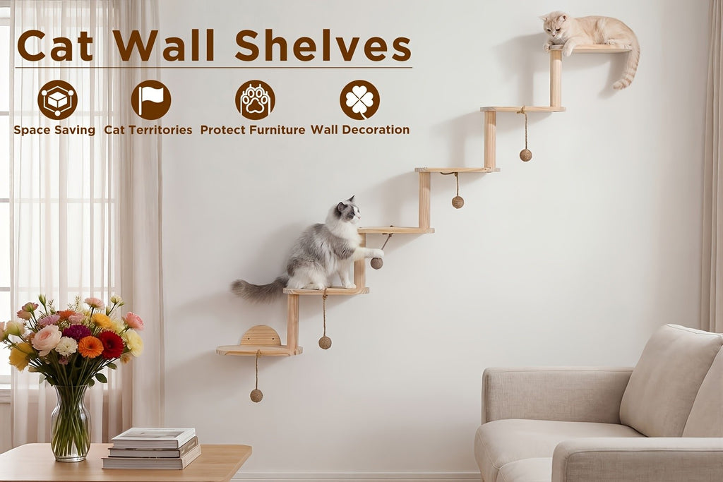 Modular Cat Wall Shelves 6-Piece Set with 5 Toy Balls, DIY Wall-Mounted Cat Tree Furniture for Indoor Climbing, Resting and Scratching