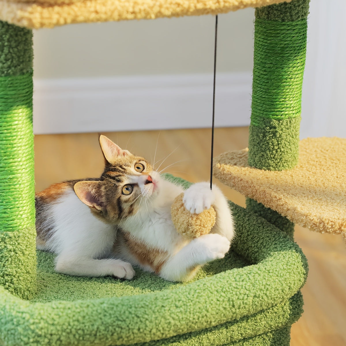 Cat Tree with Wide Perch and Condo, Modern Wood Cat Tower with Sisal Scratching Posts and Pad for Large Adult Indoor Cats and Compact Living Spaces