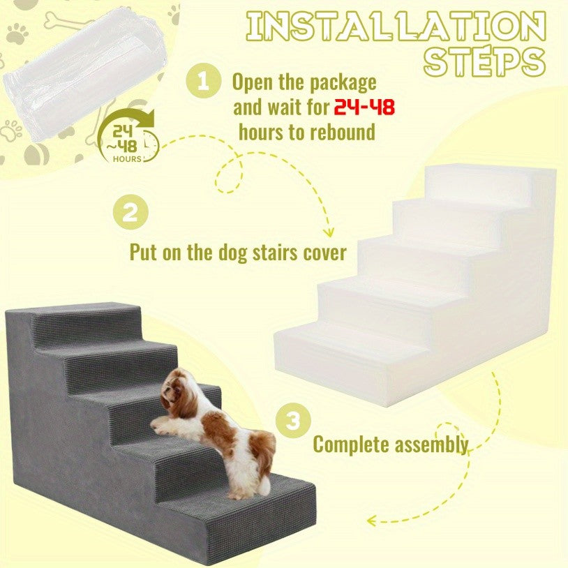 Foam Dog Stairs for Small Dogs, 5-Step Pet Steps with Supportive Board and Non-Slip Removable Washable Cover in Grey or Navy for Home Use