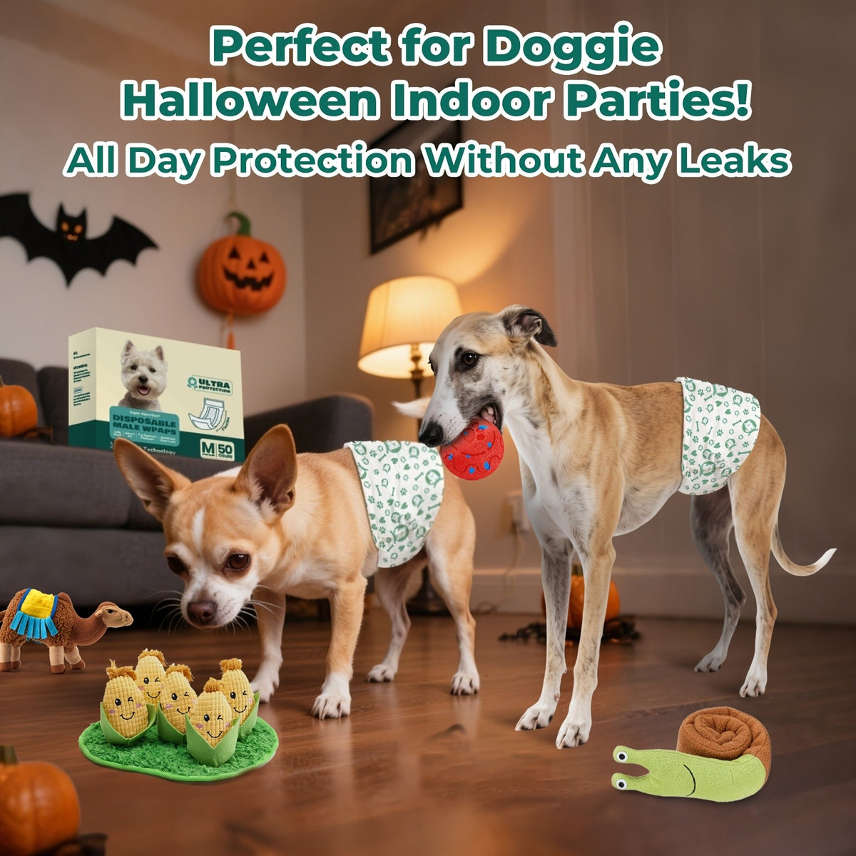 Disposable Male Dog Wraps with 5-Layer Absorbent Protection, Soft Breathable Dog Diapers in A001 or A004 Options for Supervised Indoor Accident Care