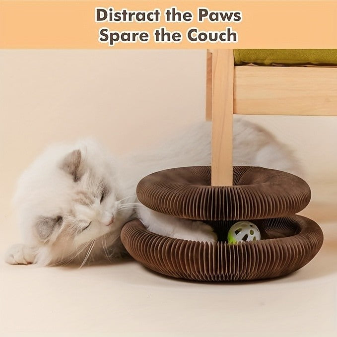 Flower Cat Scratcher Toy with Magnetic Accordion Design, Foldable Corrugated Cardboard Scratching Surface and Bell Ball for Indoor Cat Play