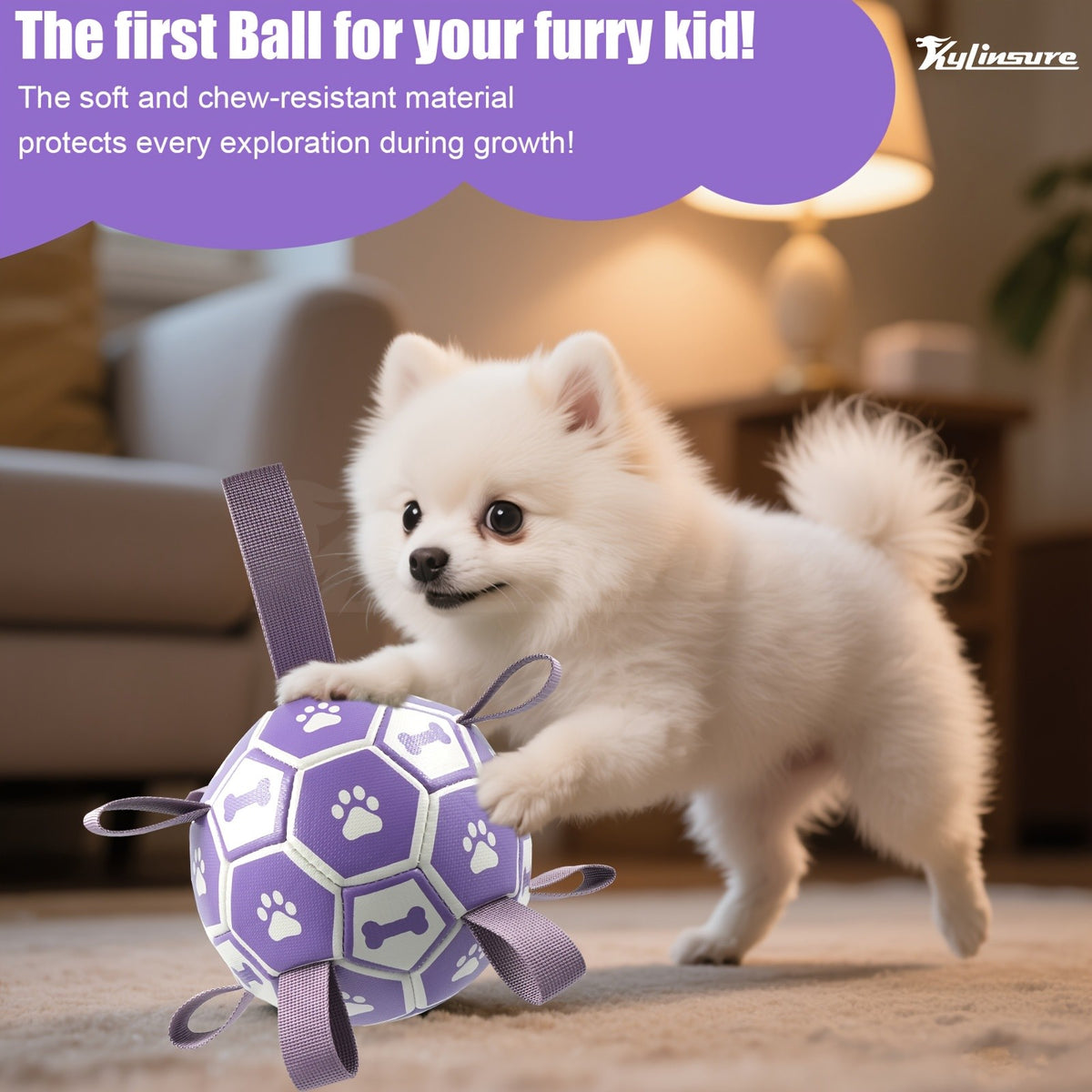 Dog Fetch Ball with Grab Straps, Purple and Gray Paw and Bone Soccer-Style Toy with Pump for Supervised Tug Games, Outdoor Play and Dog Birthday Gifts