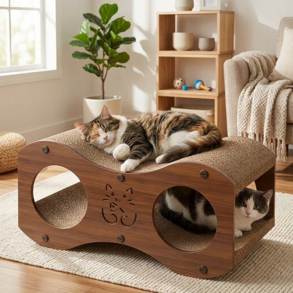 Cat Scratcher Lounge with Double Tunnel Openings, Curved Corrugated Cardboard Scratching Bed with Walnut Color Side Panels for Indoor Rest and Play