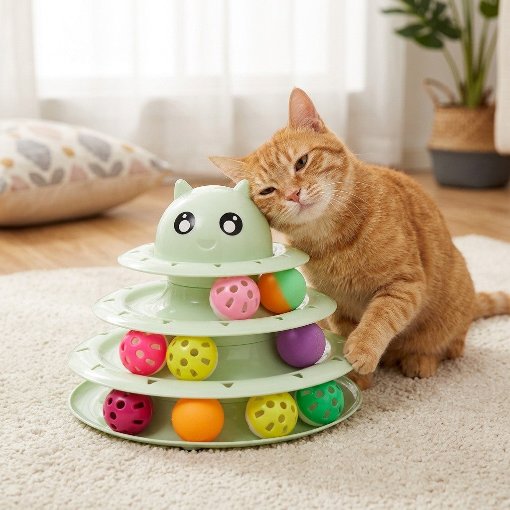 Cat Ball Track Toy with Six Colorful Balls, Three-Tier Interactive Tower with Non-Slip Base and Detachable Layers for Indoor Cats and Kittens