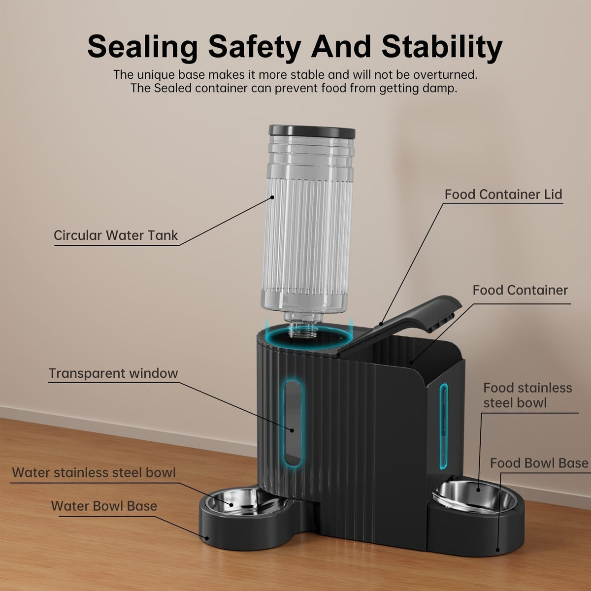 3L Gravity Pet Feeder and Water Dispenser for Cats and Dogs, Stainless Steel Design Without Battery, Black Gray or Blue for Daily Home Care