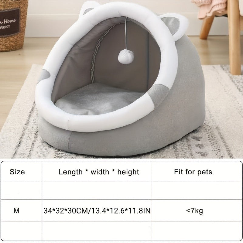 Hooded Cat Cave Bed with Hanging Pom-Pom Toy, Gray Cat-Ear Indoor Sleeping House in Medium Size for Kittens and Cats to Curl Up and Rest