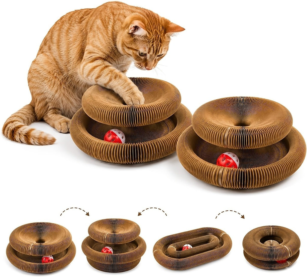 Expandable Cat Scratcher Toy 2-Pack, Curly Corrugated Cardboard Scratching Board with Ball for Indoor Cats, Retractable Scratch Pad for Daily Play