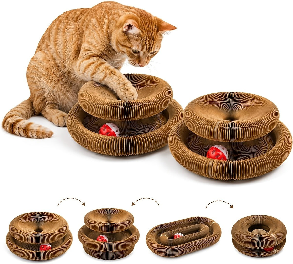 Expandable Cat Scratcher Toy 2-Pack, Curly Corrugated Cardboard Scratching Board with Ball for Indoor Cats, Retractable Scratch Pad for Daily Play