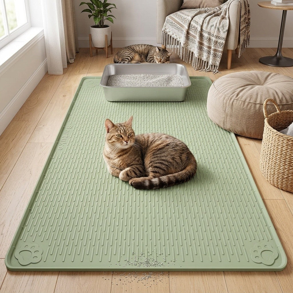 Silicone Litter Mat for Cats 40 x 28 Inches, Extra Large Soft Paw-Friendly Litter Trapping Floor Protector, Rinse-Clean in Khaki or Green