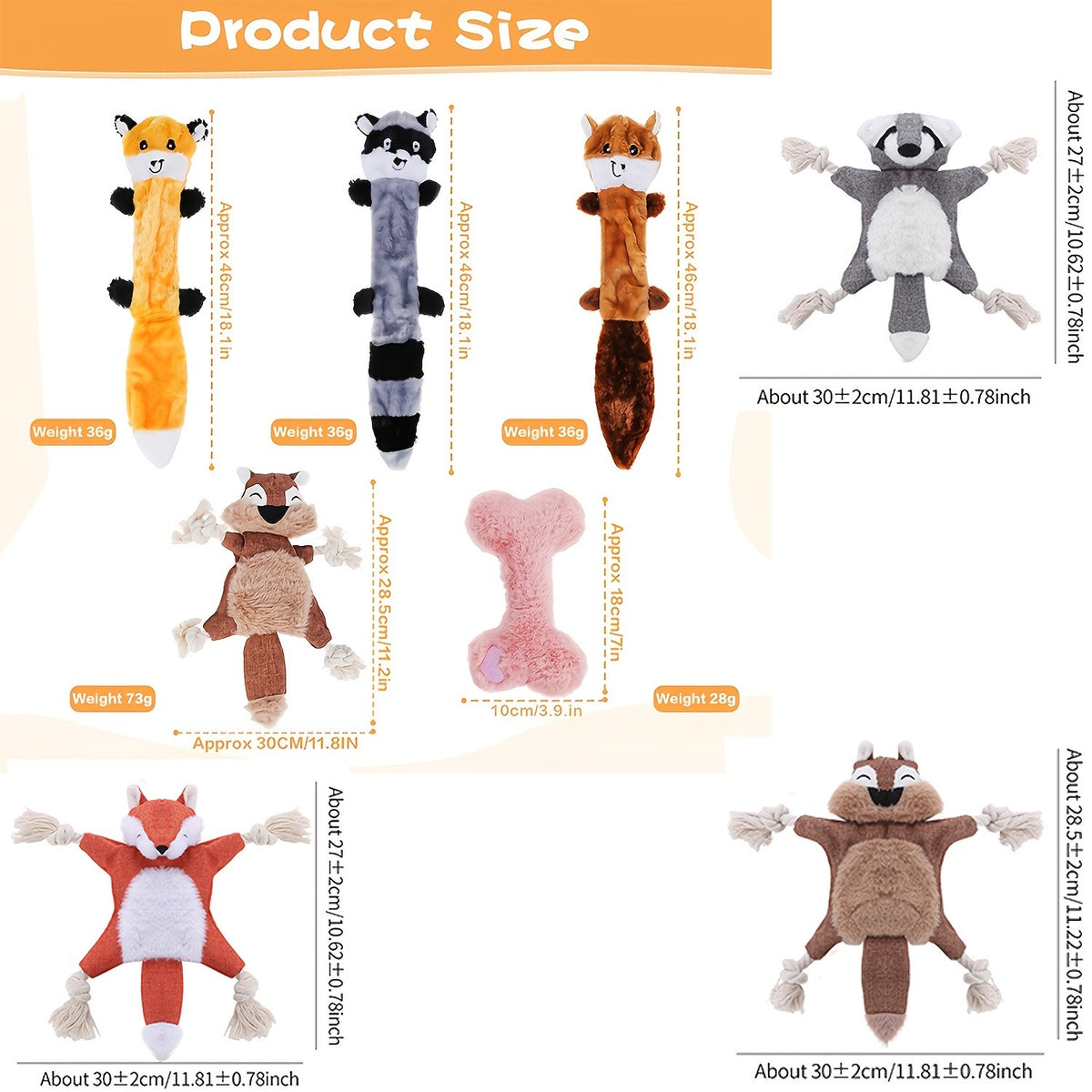 Squeaky Dog Toy Assortment with Rope and Plush Animal Designs, Random 6, 8 or 10 Piece Packs for Supervised Gentle Tug and Interactive Play