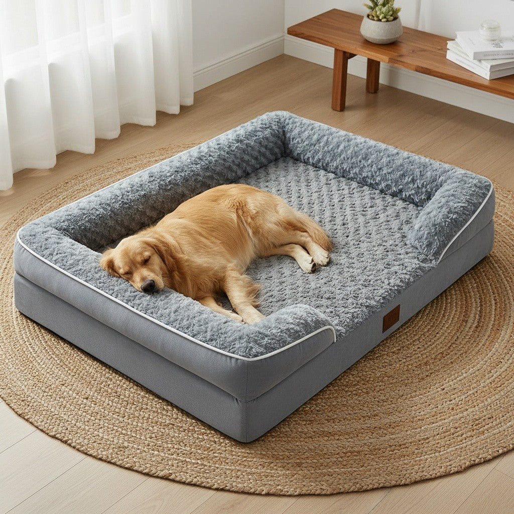 Extra Large Dog Sofa Bed with C-Shaped Bolsters, Removable Washable Plush Cover and Non-Skid Bottom, Grey Pet Couch with 20 to 71 Inch Size Options