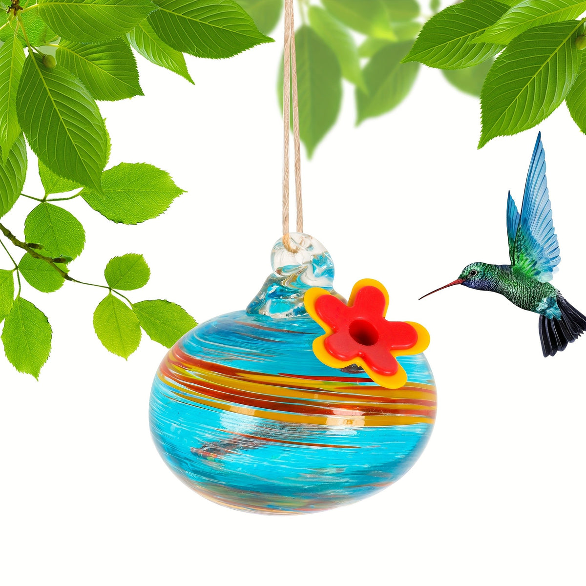 Hanging Glass Hummingbird Feeder with Flower Port, Colorful Round Nectar Ornament for Garden, Patio and Terrace Decor, Bird Lover Gift