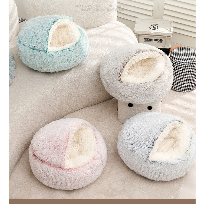 Plush Cat Cave Bed with Shell-Shaped Semi-Enclosed Design, 15.75 Inch Long Plush Pet Nest for Cozy Indoor Rest in Three Color Options