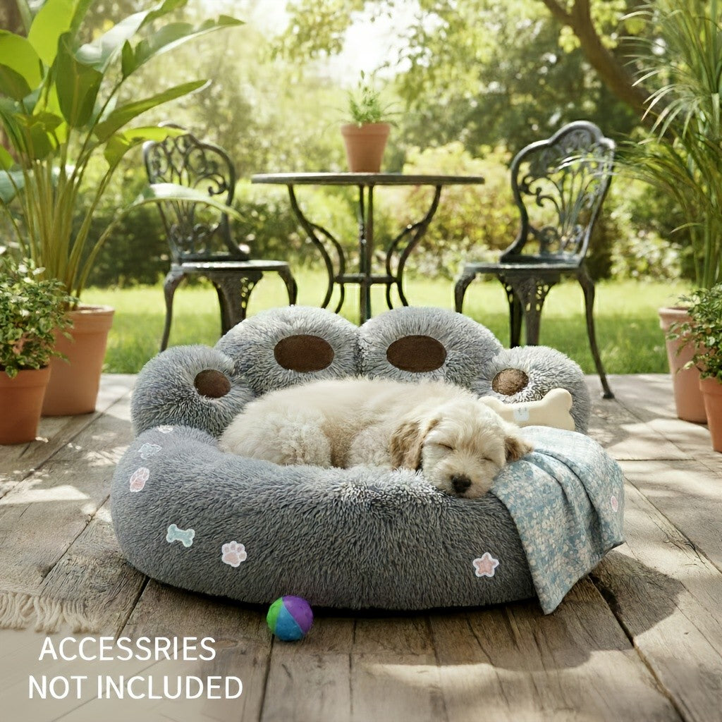 Plush Dog Bed with Bear Paw Design, Washable Fluffy Pet Sleeping Cushion with Raised Edges, 60–90 cm Sizes in Coffee, Pink and Gray