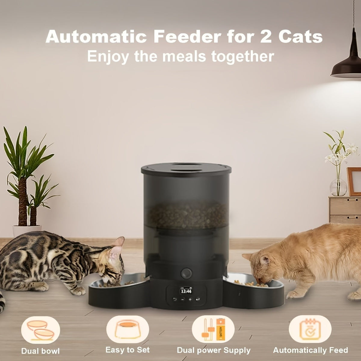 Timed Automatic Cat Feeder with 2 Stainless Steel Bowls, 101.44oz Button-Control Food Dispenser, 1-10 Feedings and Dual Power for Multi-Pet Homes