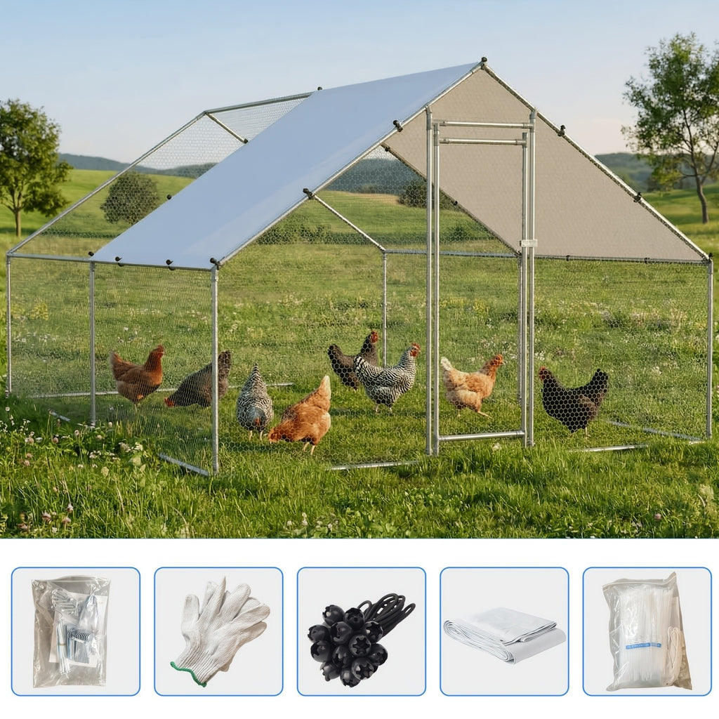 Spire Roof Chicken Coop Run with Metal Frame and Covered Section, Walk-In Outdoor Poultry Enclosure for Backyard Chickens and Ducks, Two Size Options