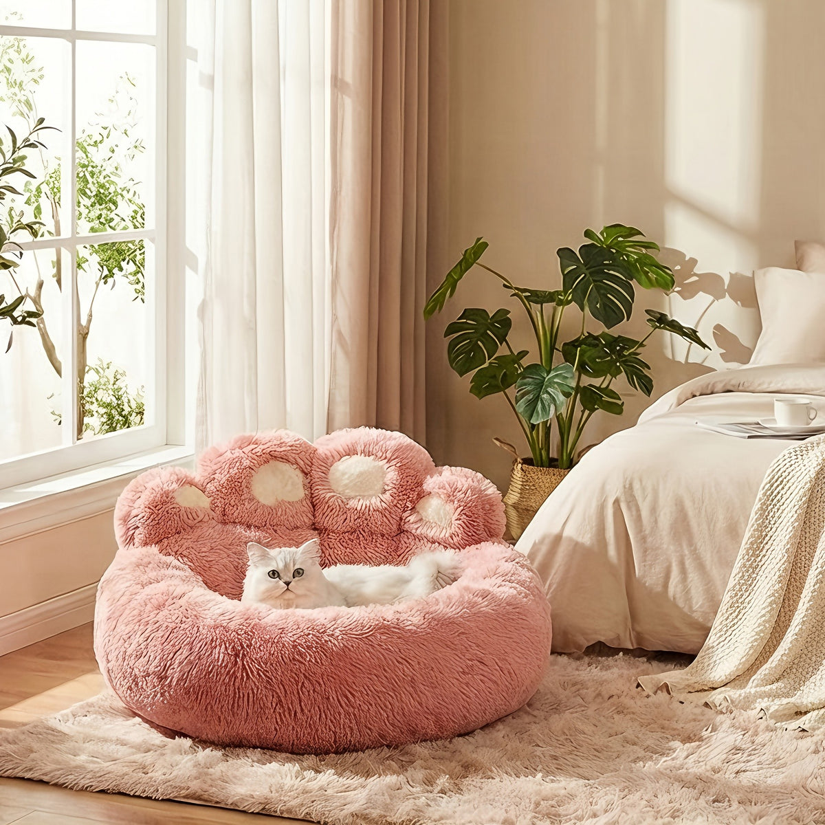Plush Dog Bed with Bear Paw Design, Washable Fluffy Pet Sleeping Cushion with Raised Edges, 60–90 cm Sizes in Coffee, Pink and Gray
