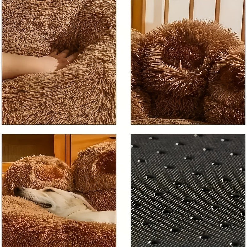 Faux Fur Pet Bed with Washable Bear Paw Design, Soft Plush Dog and Cat Sleeping Cushion with Non-Slip Bottom in Three Sizes and Colors