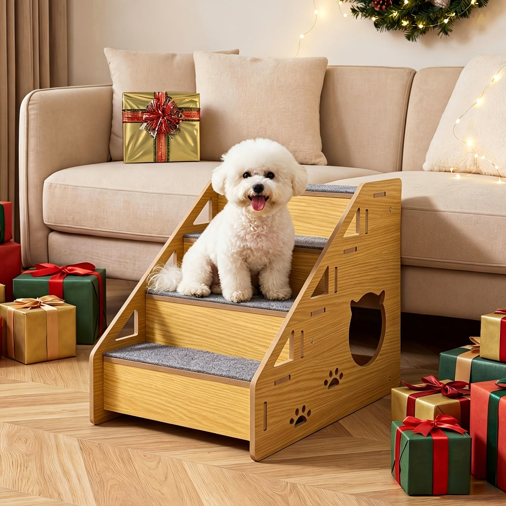 4-Step Dog Stairs for Small Dogs and Cats, Khaki Pet Steps with Non-Slip Treads and Paw Cutout Side Panels for Bed and Couch Access