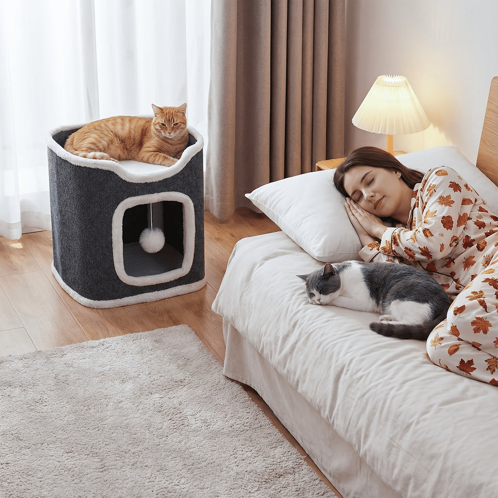 Cat Hideaway Tower with Felt Exterior and Particle Board Frame, Indoor Cat Condo Furniture in One, Three or Four Layers with Optional Bell Ball Bundles
