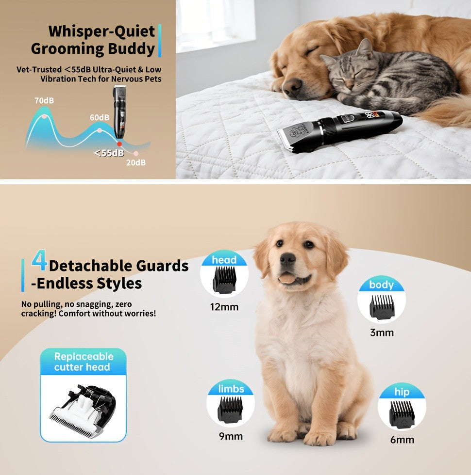 Rechargeable Dog Grooming Clippers Kit, Cordless Low-Noise Pet Hair Trimmer with Scissors and Comb for Small and Large Dogs and Cats