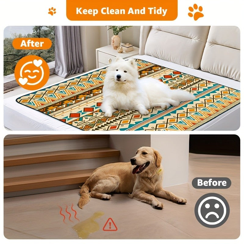 Dog Pee Pads with Retro Tribal Print, 2 Pack Washable Leakproof Puppy Training Mats with Non-Slip Backing for Crates, Playpens and Floors
