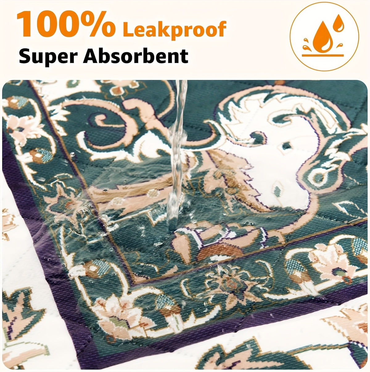 Bohemian Washable Dog Pee Pads 2 Pack, 36 x 36 Inch Reusable Non-Slip Puppy Potty Training Mats with Ornate Green Print for Floors and Playpens