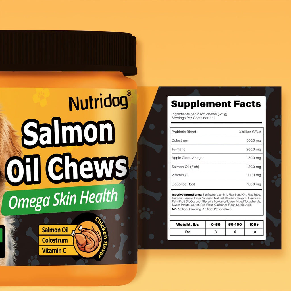 Dog Supplement Soft Chews with Probiotics & Salmon Oil, Chicken Flavor Multivitamin Nutritional Chews in 90 or 270 Count Options