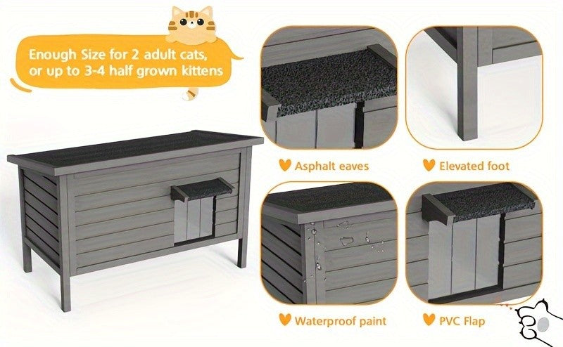 Wooden Outdoor Cat House with Six-Side Foam Insulation, Raised Floor and Feeding Station, 34.4 x 21.7 x 27.2 Inch Feral Cat Shelter in Grey or Coffee