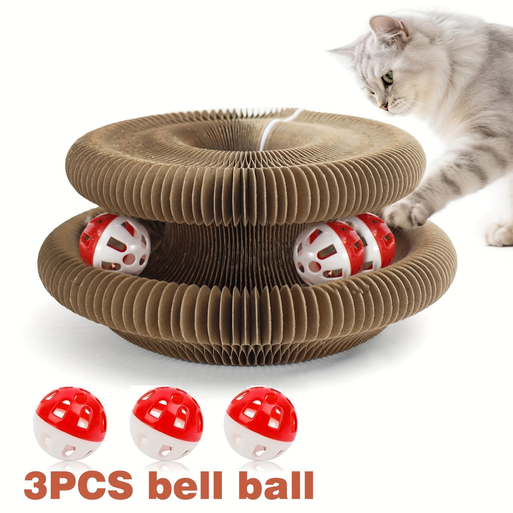 Accordion Cat Scratcher with Ball Track, Foldable Corrugated Cardboard Scratching Pad for Indoor Cats, Brown with Bell Bundle Option
