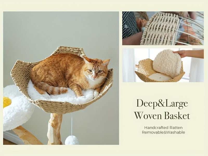 Flower Cat Tree with Floral Perches and Scratching Posts, Wooden Bohemian Indoor Cat Tower Furniture in White and Brown Style Options