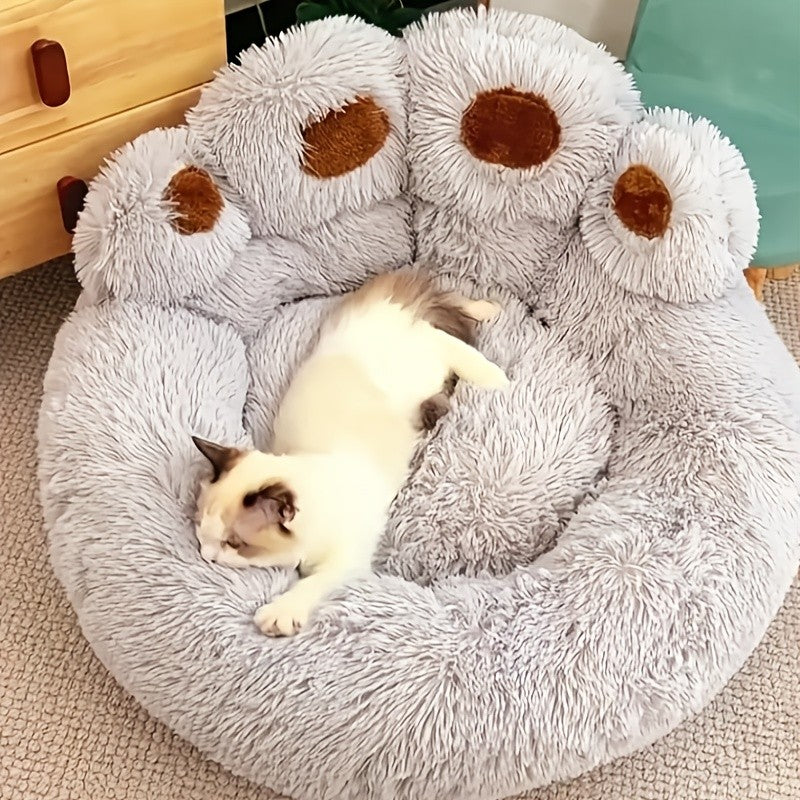 Dog Bed with Bear Paw Bolsters, Thick Plush Cat Sleeping Cushion with Non-Slip Bottom, Pink Grey or Coffee in 60cm, 70cm and 100cm Sizes