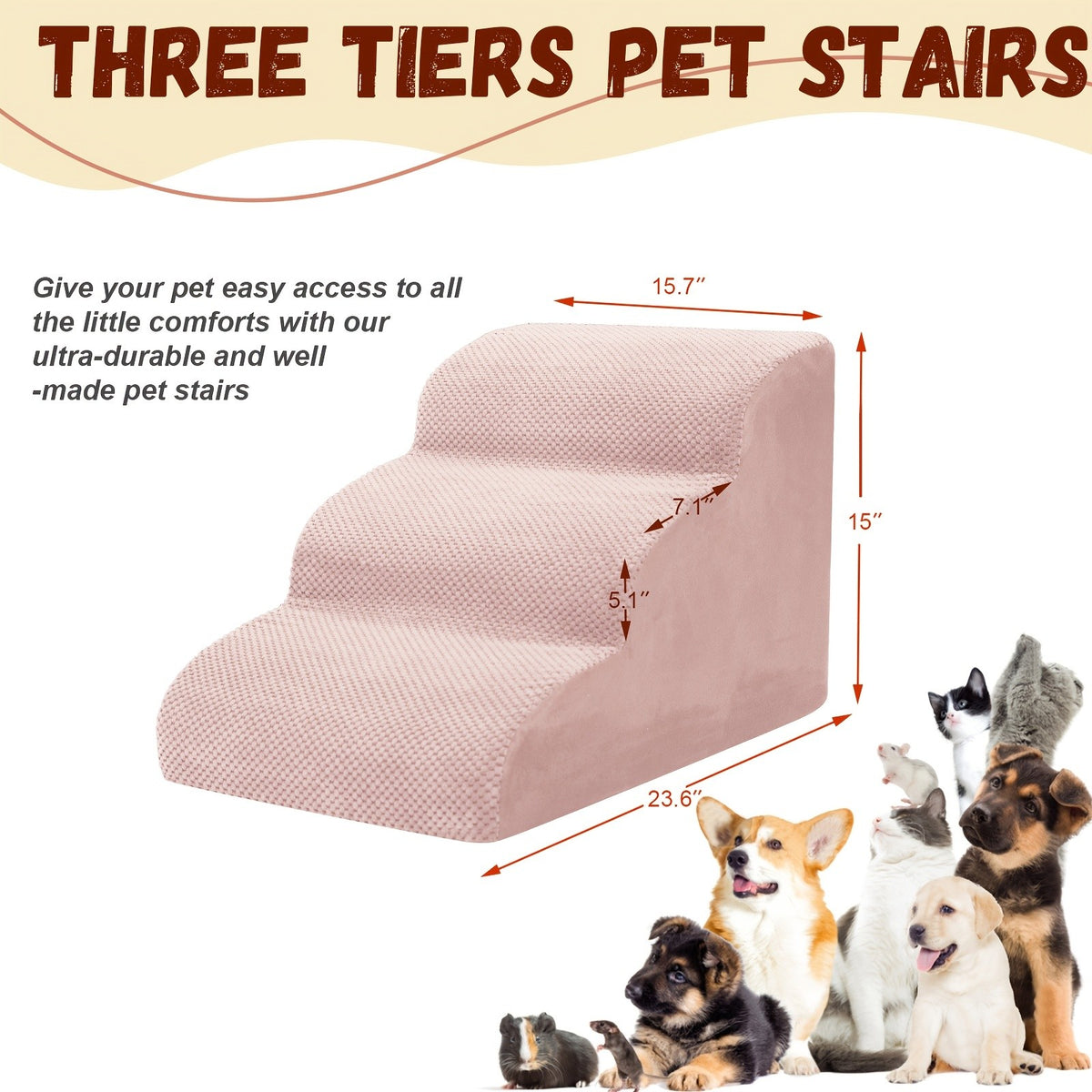 Cushioned Dog Stairs for Small Dogs, High-Density Foam Pet Steps with Non-Slip Bottom and Removable Cover, 2 or 3 Steps for Suitable Beds and Couches