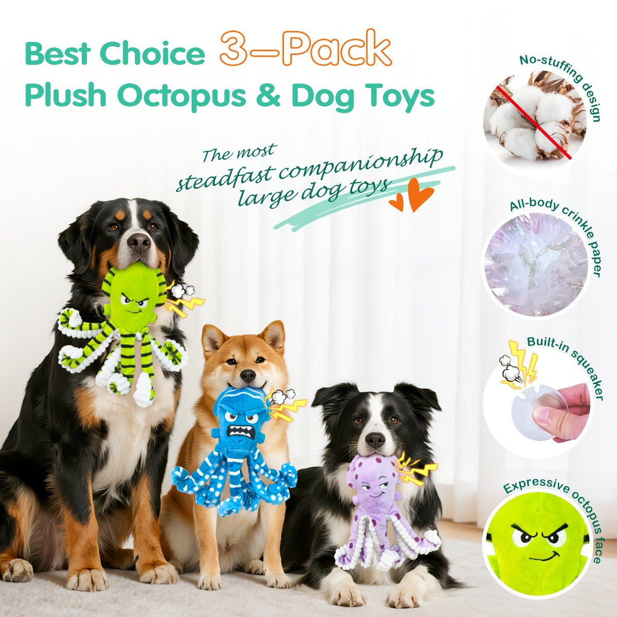 Octopus Dog Toys 3 Pack, Soft Plush Sound-Making Toy Set for Small, Medium and Large Dogs, Interactive Gentle Tug and Indoor Play