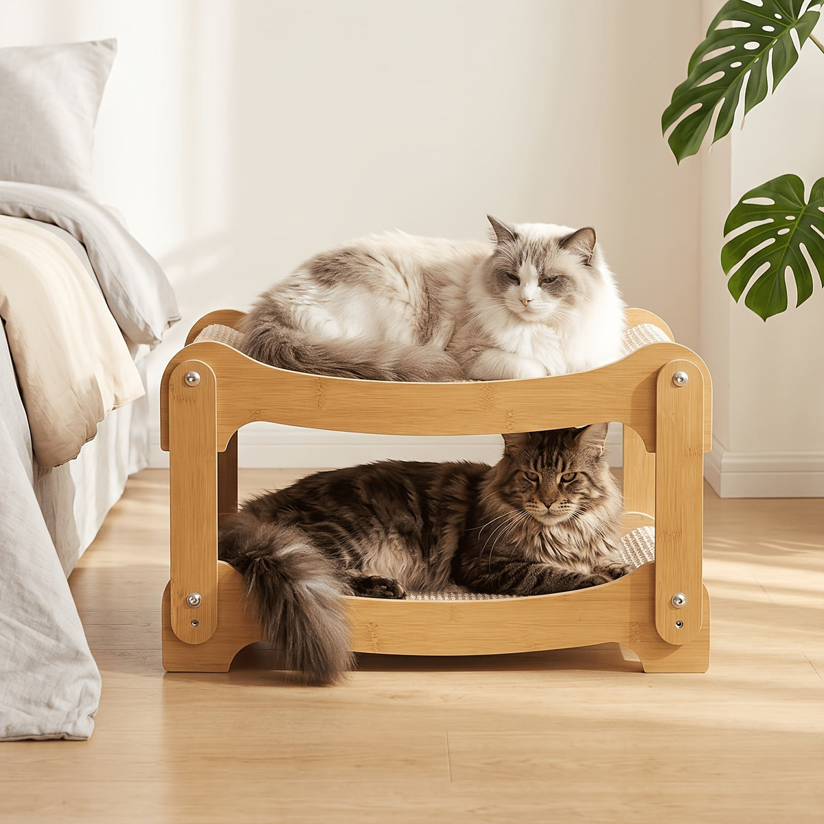 Cat Bunk Bed with Sisal Scratching Surfaces, Wooden Double-Decker Indoor Cat Lounger with Two Open Resting Levels, Large Size