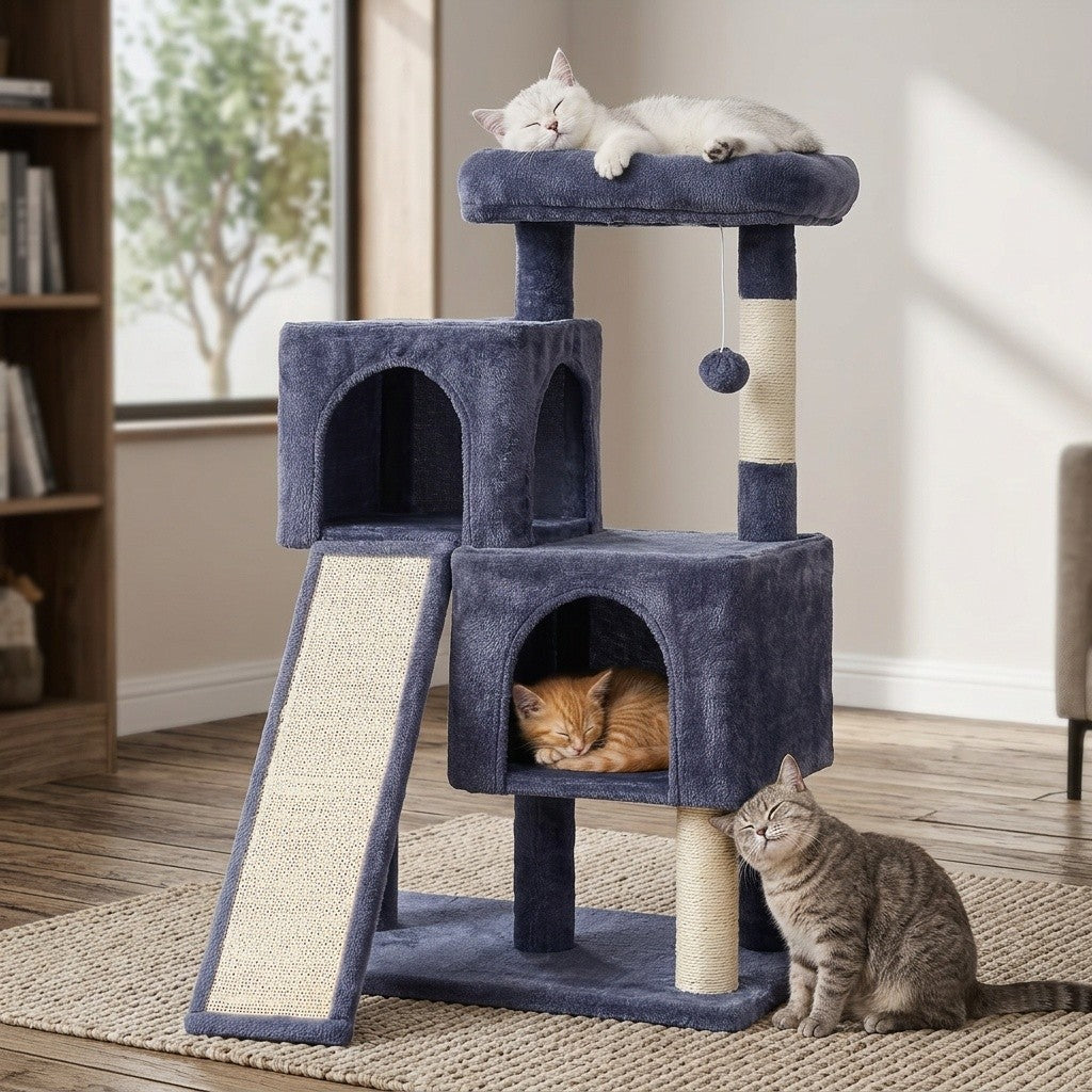 Cat Tree with Double Condos and Ramp, 36 Inch Plush Indoor Cat Tower with Top Perch, Sisal Scratching Posts and Dangling Ball, Three Colors