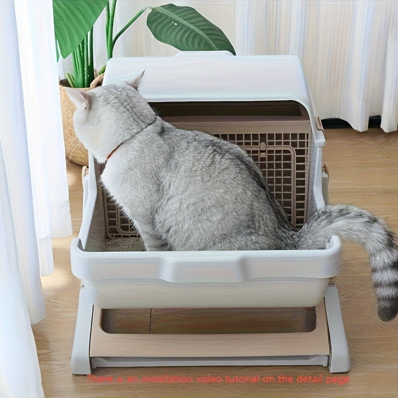 Cat Litter Box with Removable Grid, Rectangular Indoor Cat Pan in Beige or Pink for Everyday Pet Waste Management and Convenient Routine Cleaning