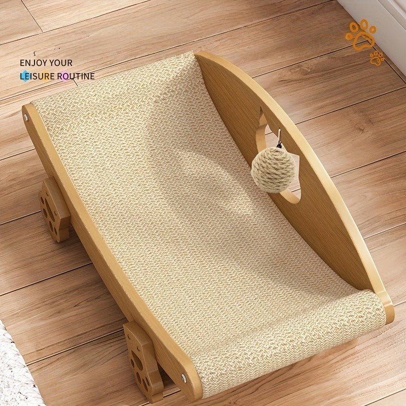 Cat Scratching Lounge with Hanging Ball Toy, Natural Sisal Pad and Solid Wood Curved Chair for Indoor Cats to Scratch, Stretch, Rest and Play