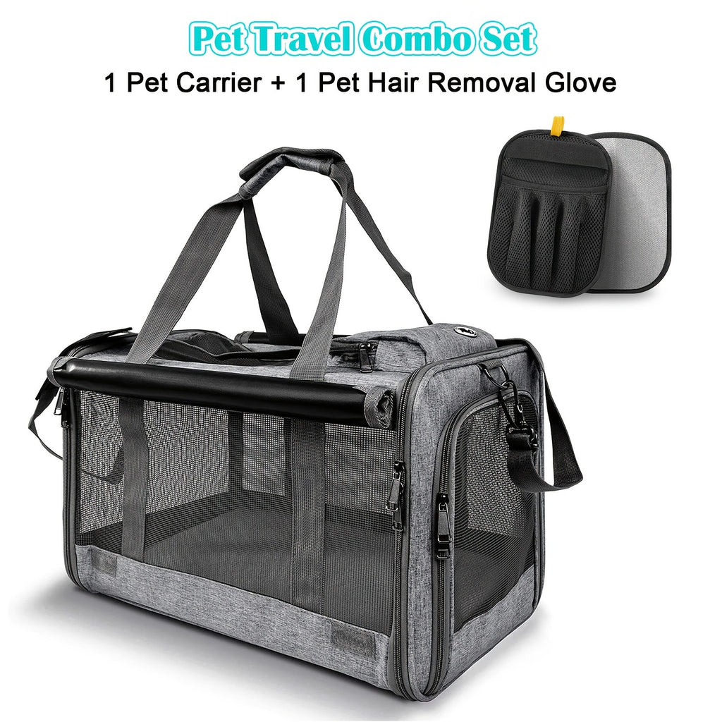Cat Carrier Travel Set for Cats and Small Dogs, Soft-Sided Breathable Collapsible Pet Bag with Bowl, Collar or Pet Glove Bundle Options