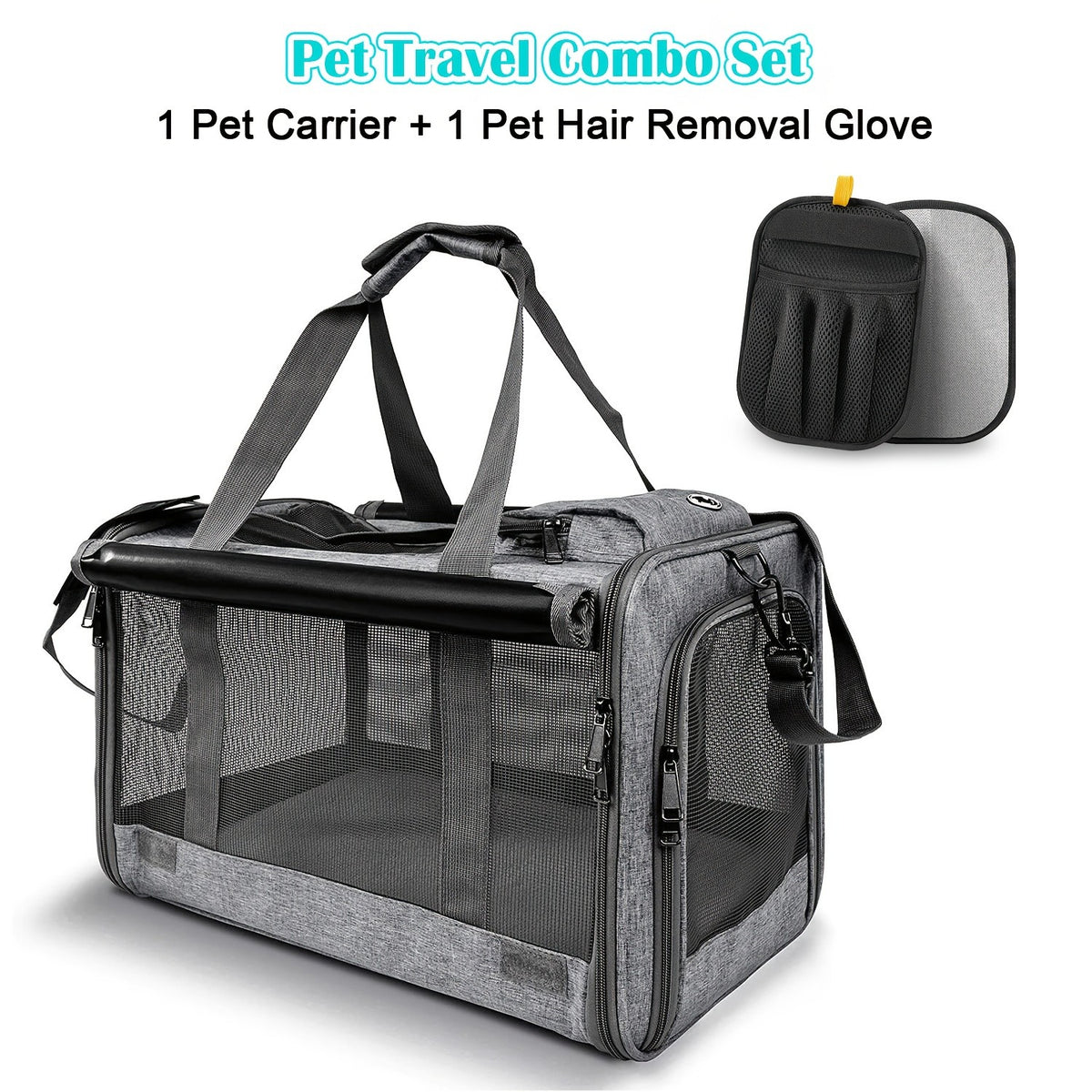 Cat Carrier Travel Set for Cats and Small Dogs, Soft-Sided Breathable Collapsible Pet Bag with Bowl, Collar or Pet Glove Bundle Options