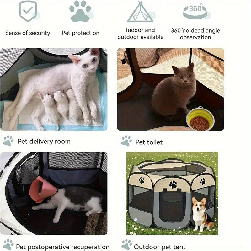 Soft-Sided Pet Playpen for Dogs and Cats, Foldable Octagonal Oxford Cloth Pen with Removable Mesh Top, Paw Print Panels and Three Size Options