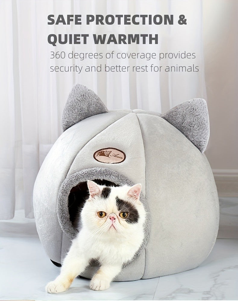 Cat Cave Bed with Cute Cat Ears for Indoor Cats and Kittens, Gray Enclosed Sleeping House with Rounded Entrance for Quiet Naps