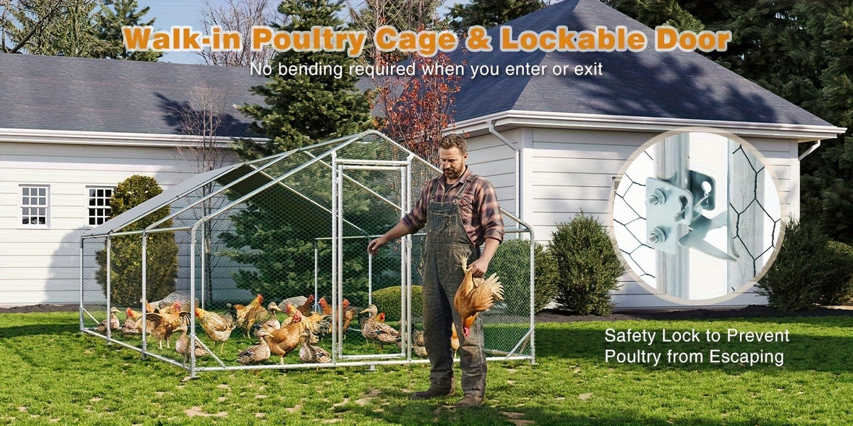 Chicken Coop with Winter Wrap Cover, Walk-In Galvanized Metal Poultry Run with Lockable Door for Backyard Hens and Ducks, White Size Options