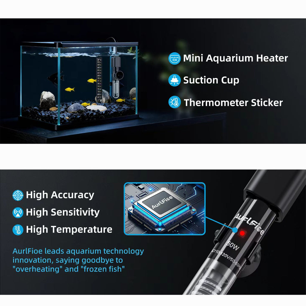 Small Fish Tank Heater 50W, Mini Submersible Aquarium Heater Preset to 78°F for 1-10 Gallon Tanks, 4.5-Inch Design with Thermometer Strip